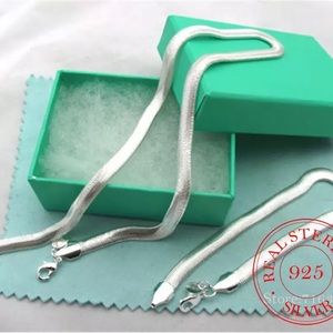 925 Sterling Silver Jewelry Set 6MM Flat Soft Snake Bone Chain Necklace Bracelet